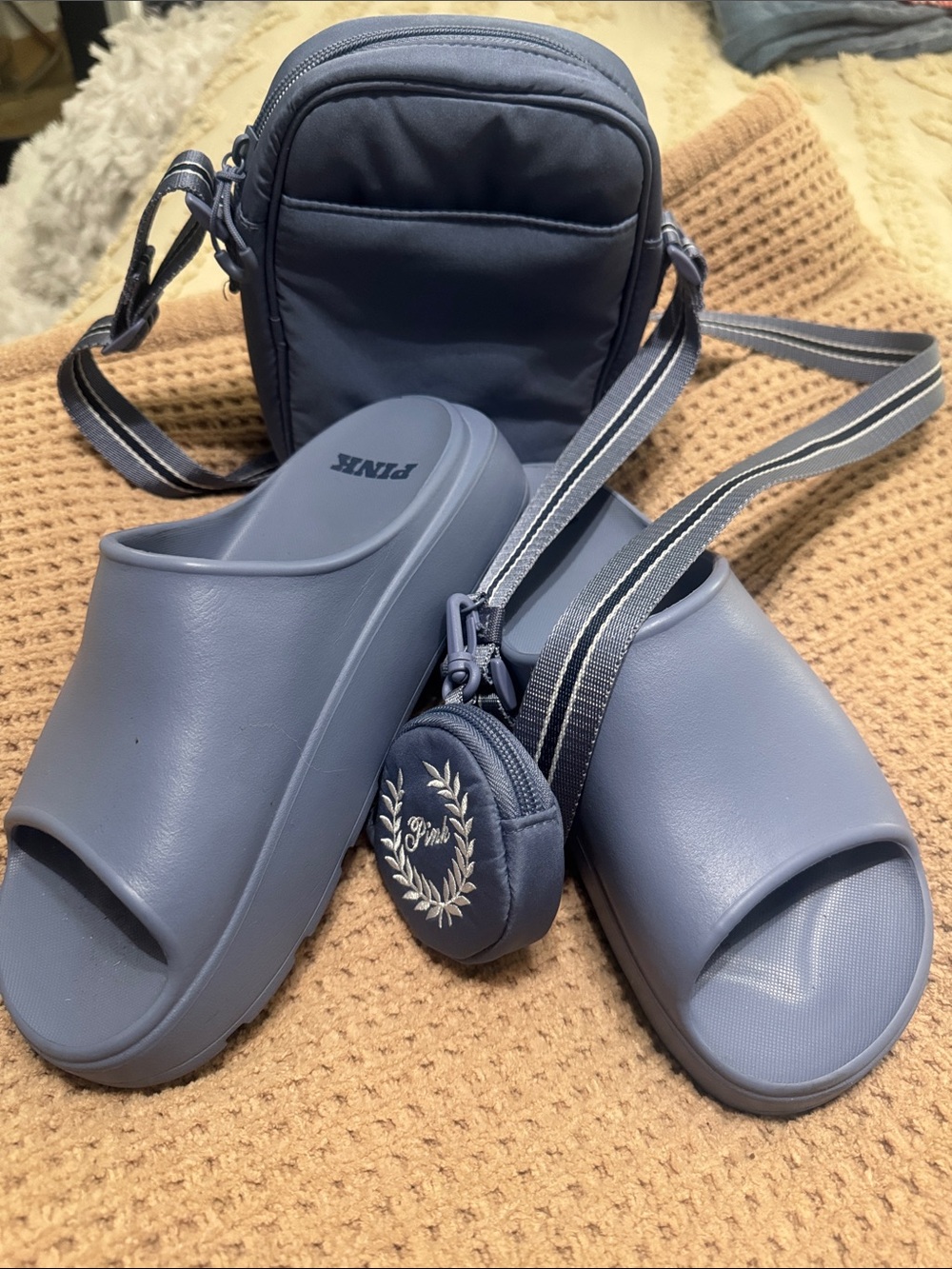 PINK Dusty Blue Platform Slides with Matching Crossbody and Coin Pouch